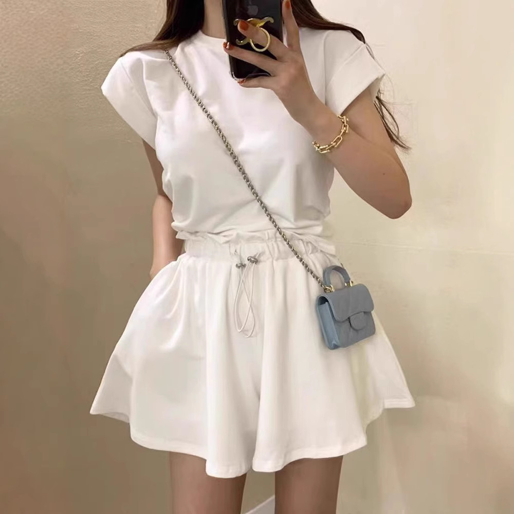 South Korea Chic Summer Niche Elegant Rear Split Strap Short-sleeved T-shirt Top Drawstring Wide-leg Shorts Two-piece Set