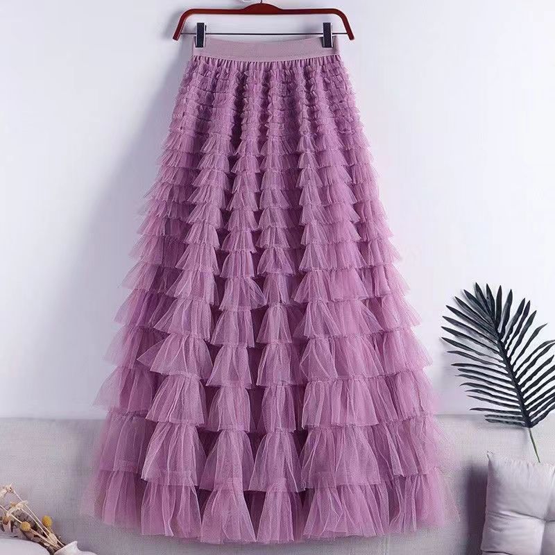 Picture of Mesh Splicing Cake Skirt 2025 Spring, Summer, Autumn and Winter New Mid-Length Skirt A-Line Long Skirt Fluffy Gauze Skirt