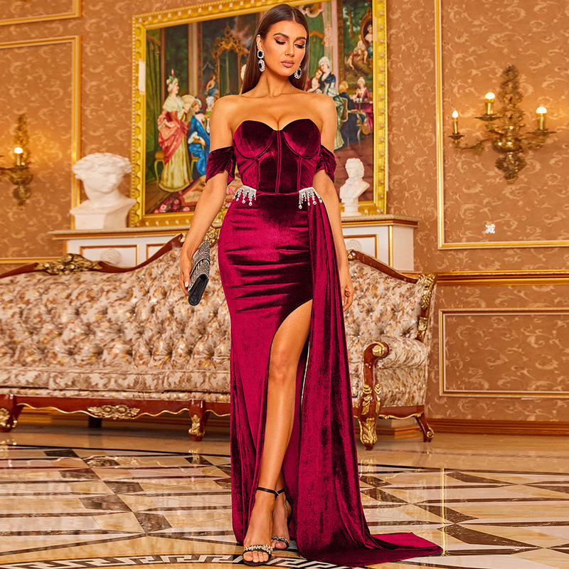 European and American plus size heavy-duty diamond velvet long dress off-neck party mop split banquet light luxury evening dress