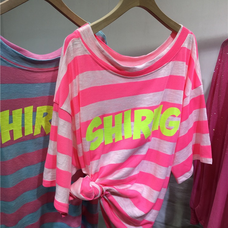 European station plus fat plus size 300kg fat m color stripe printed letter short sleeve t-shirt women's sunscreen jacket tide ~