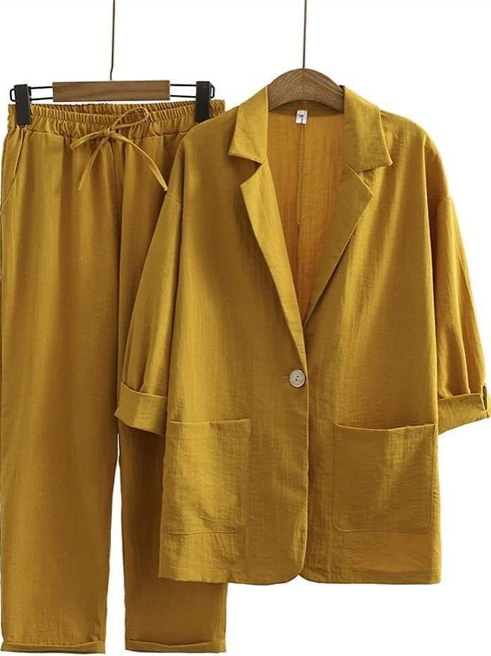 Spring and Summer European and American New Loose Fashion Casual Women's Cotton and Linen Suit Top + Pants Two-piece Suit