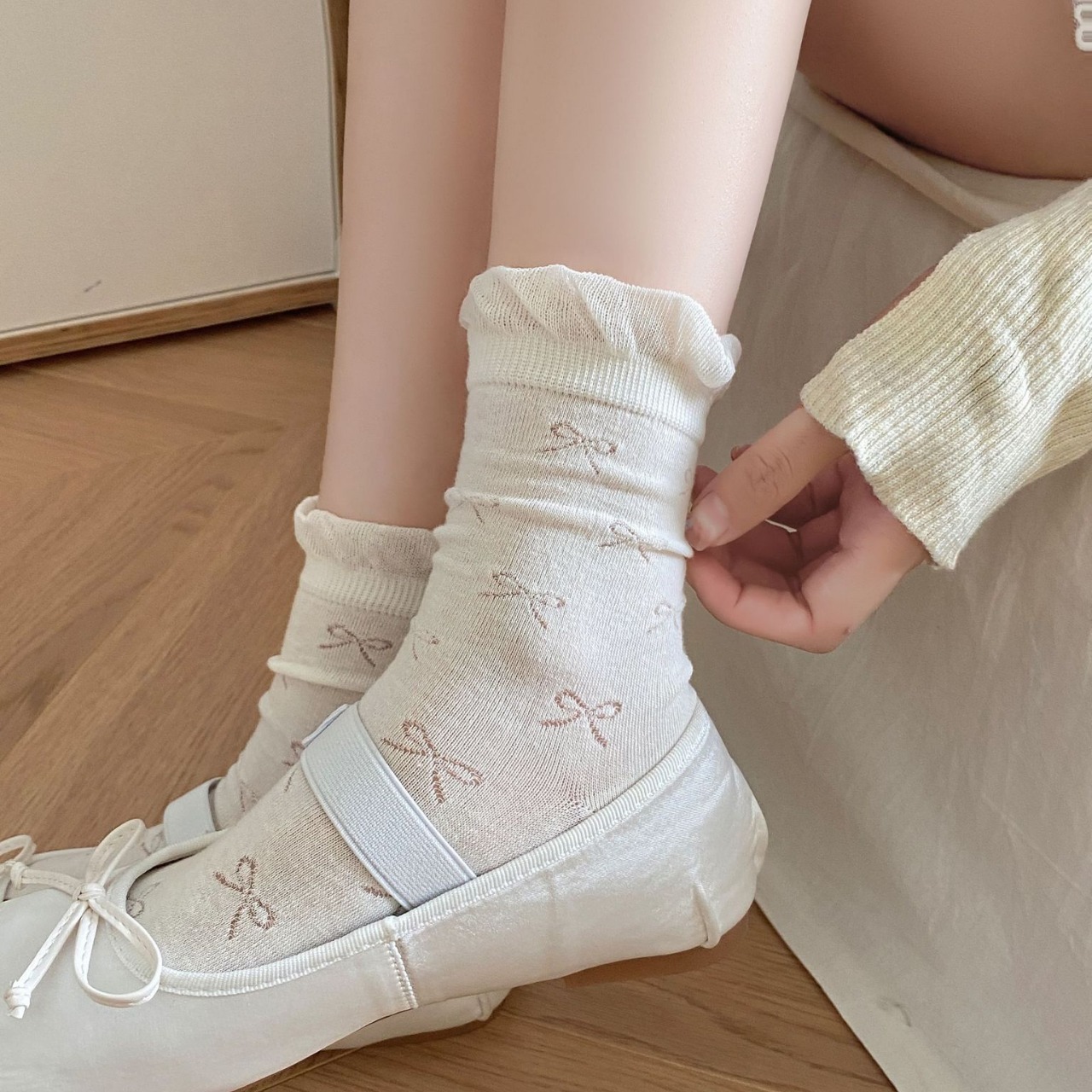 Boneless Socks Women's Thin Cut Out Mid-Calf Socks Bow Ballet Style Women's Socks Japanese Style Style Bubble Mouth Lace Pile Socks