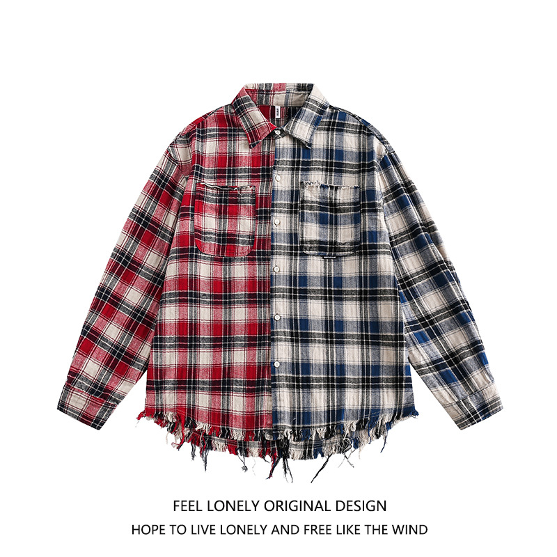 Picture of Cross-Border American Style Contrasting Plaid Splicing Tassel Long-Sleeved Shirt Loose Trendy Brand Design Top Casual and Versatile