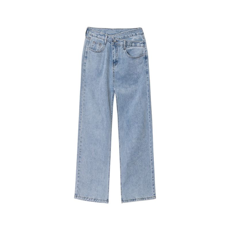 Picture of Straight Leg Jeans Women's New Summer Chic High Waist Design Cross Waist Loose Wide Leg Dipped Trousers