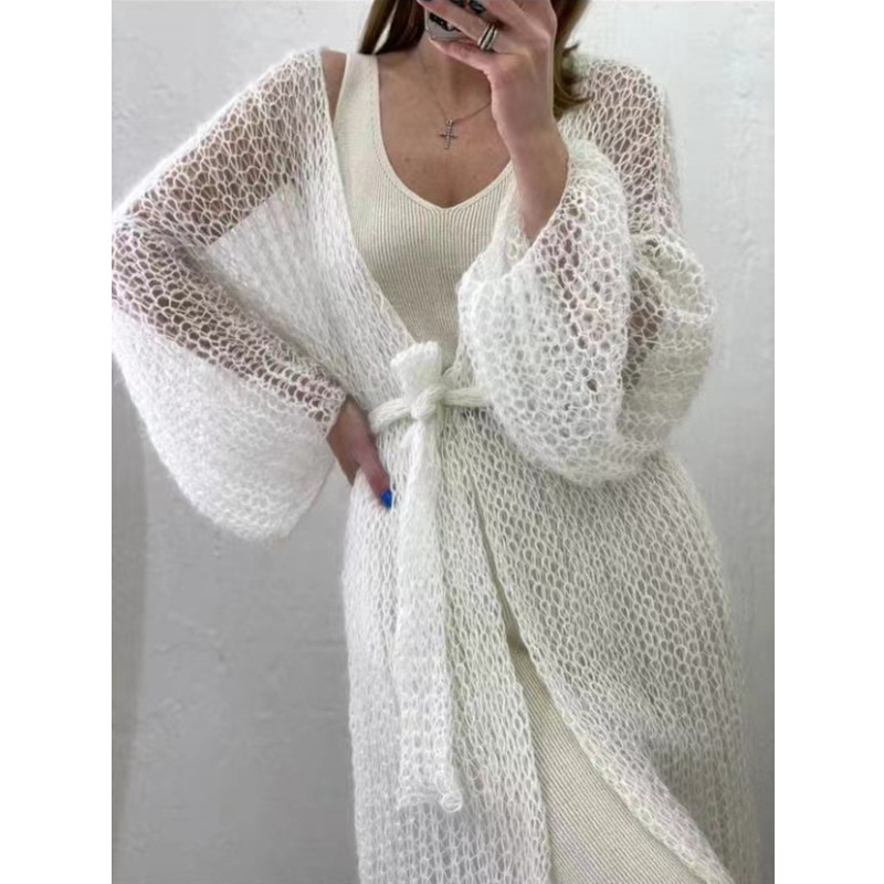 South Korea New Style Lazy Style Sunscreen Jacket Women's Loose Long Lightweight Knitted Lace-up Solid Color Cardigan