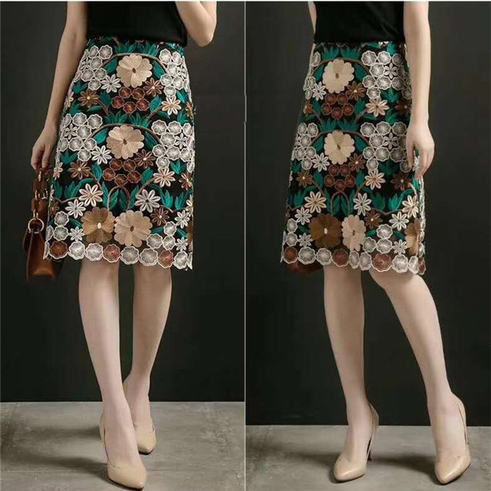 Picture of Lapel Beaded Three-point Sleeve Heavy Industry Mesh Embroidery A- word Loose Plus Size Retro Dress One-step Skirt