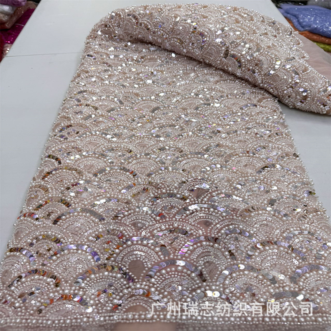 Heavy Fish Scale Bead Tube Embroidery Mesh Embroidery Fabric Sequin Embroidery High-End Wedding Dress Cheongsam Fashion Lace