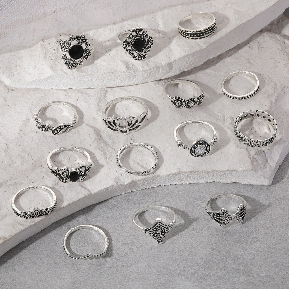 Cross-Border Supply Bohemian Retro Ancient Silver Lotus Women's New Personalized 15-Piece Set Ring Wholesale