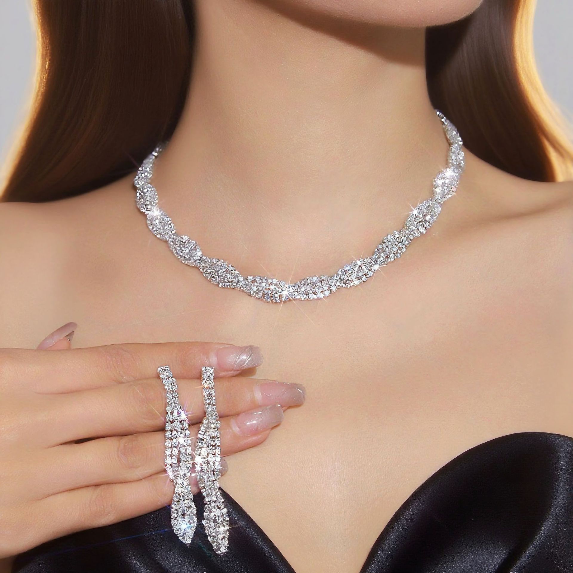European and American cross-border luxury shiny rhinestone necklace earrings jewelry set fashion temperament necklace earring jewelry wholesale