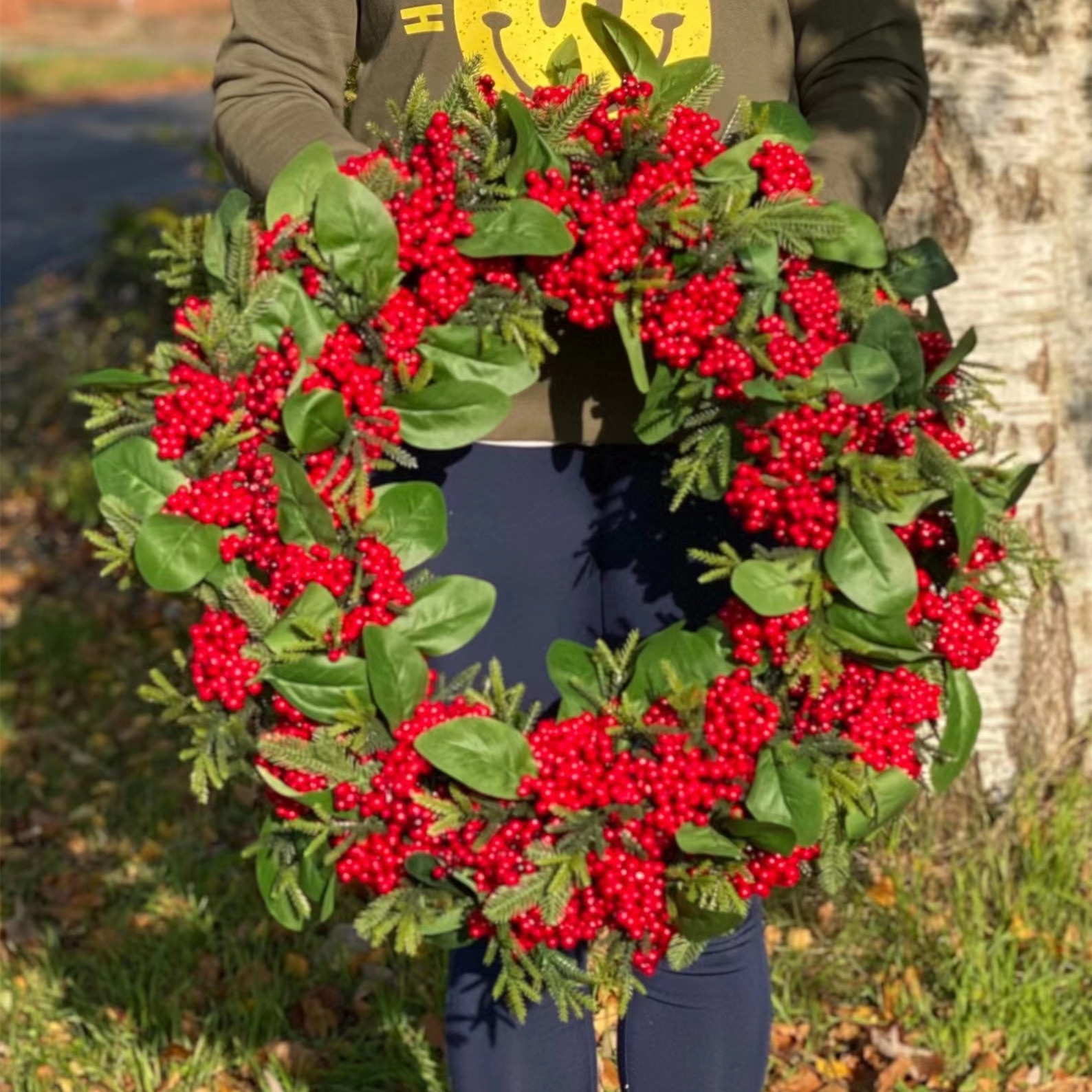 Flower Grass Cross-border New Product Little Red Fruit Green Leaf Artificial Wreath Christmas Door Hanging Autumn Harvest Festival Atmosphere Decorative Wreath