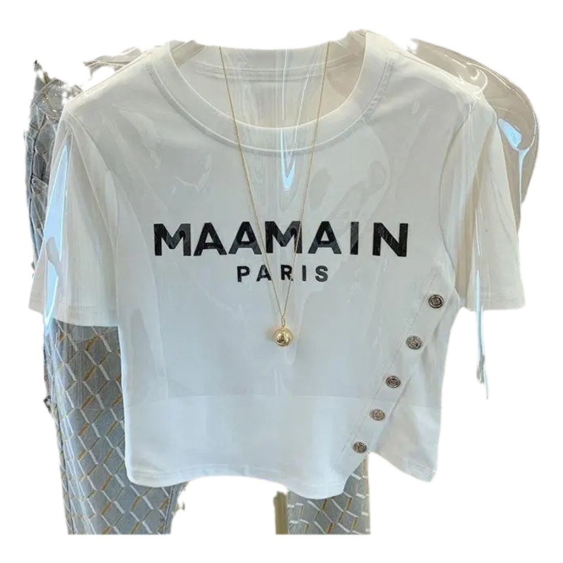 Asymmetric Side Slant-breasted English Letter Printed T-shirt 2024 Summer New Irregular Short Top Ins