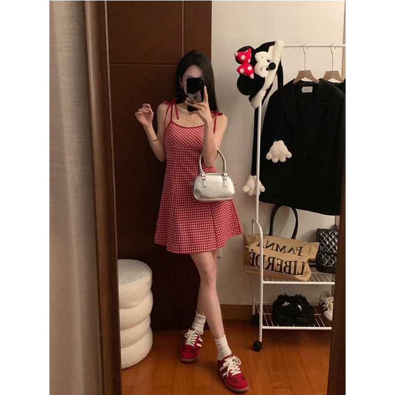 Sweet Spice Girl Contrast Color Plaid Slip Skirt Women's Early Spring and Summer Age-reducing Slim-fit A- line Skirt dress Skirt Foreign Trade