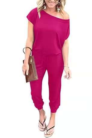 Picture of 2024 European and American Cross-border Spring and Summer Fashion Slanted Shoulder Short-sleeved Flap Pocket Pants Women's Jumpsuit