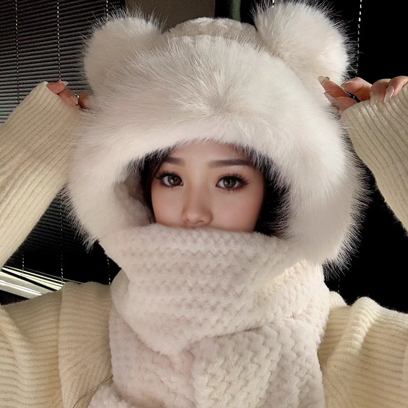 Picture of Cute Bear Hat Gloves Three-in-One Scarf Plush Hat Winter Riding Women's Easy Outdoor High-Level Warm Hat