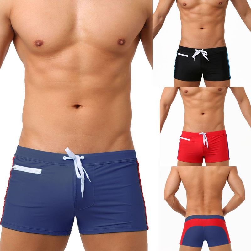Cross-border foreign trade new solid color stitching low waist men's shorts tether zipper anti-light beach swimming manufacturers batch