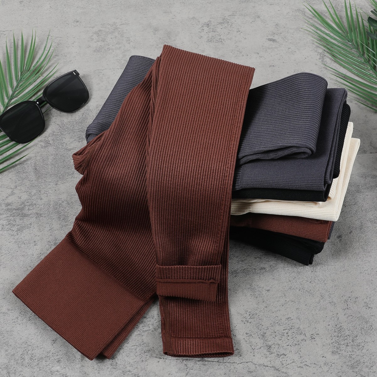 Cross-Border Ribbed Yoga Pants Knitted Solid Color High-Waisted Tight-Fitting Hip-Lifting Skin-Friendly Naked-Feel Fitness Sports Elastic Long Pants