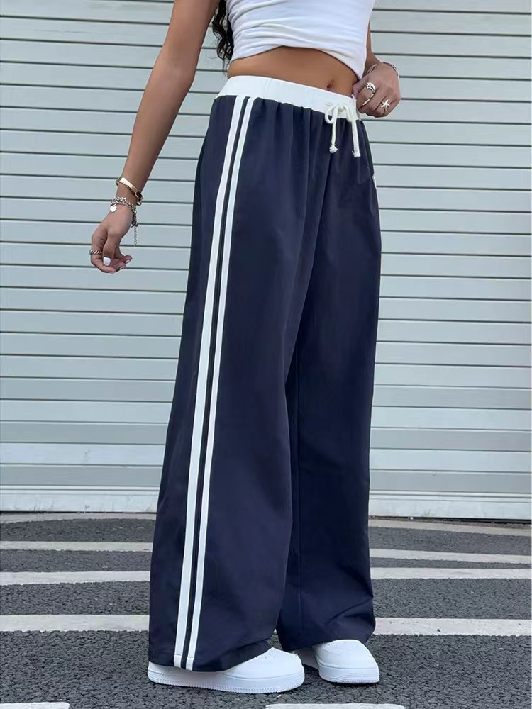 Picture of Cross-border, Europe and the United States, 2025 spring/summer new high-waisted drape, loose straight wide-leg slacks, drawstring color-blocking trousers