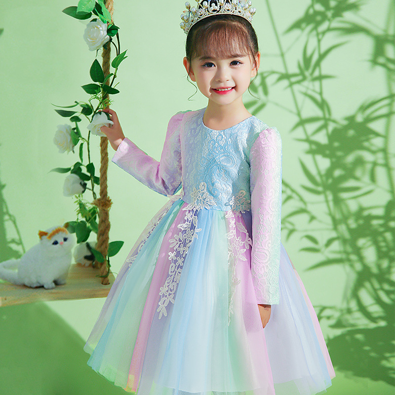 Girl's Autumn Dress dress 2024 New Style Girl's Long Sleeve Rainbow Princess Dress Birthday Tutu Dress for Autumn and Winter