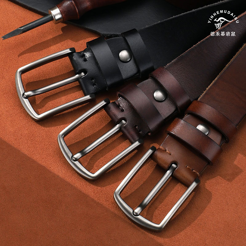 Vintage Handmade Men's Top Layer Cowhide Belt Genuine Leather Casual All-match Alloy Buckle Cowhide Belt Trendy Men's Trouser Belt Batch