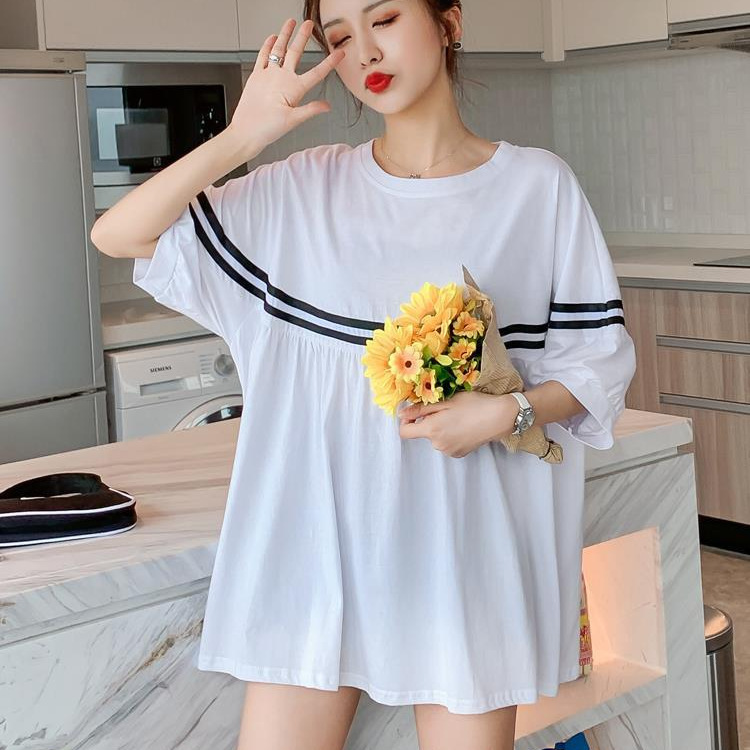 Picture of Spot maternity dress large size women's summer long loose belly covering short sleeve T-shirt skirt 200kg pregnant women's skirt