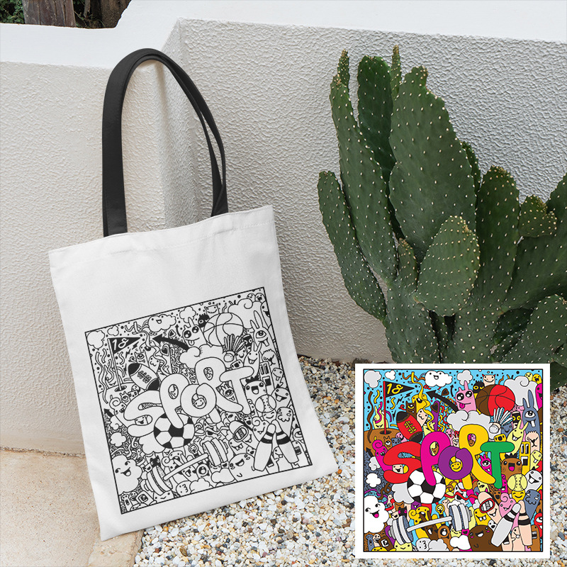 Picture of Amazon new diy coloring canvas bag graffiti cartoon hand-painted bag student bag women's shoulder bag canvas bag