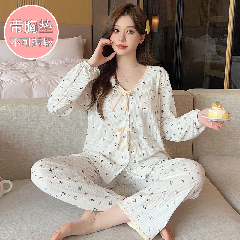 Spring and Autumn 6535 Cotton Pajamas Women's Cute Sweet Chest Pad Cardigan Long Sleeve Trousers Thin Outer Wear Home Clothes