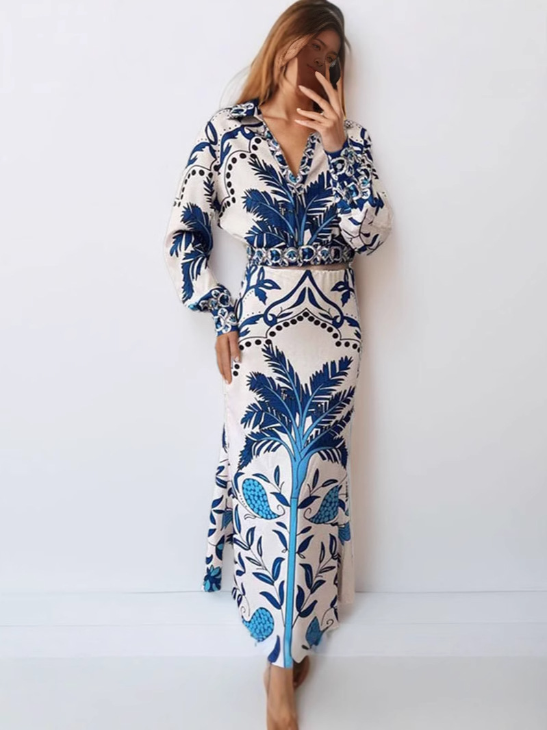2025 Early Summer Export Cross-Border European and American Clothing Skirt Suit Printed Long-Sleeved Top + Mid-Length Half-Length Dress