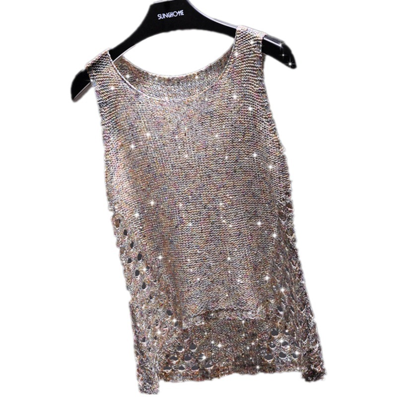 Han Eun's BINGBING Sparkling Sequins Beaded Round Neck Sleeveless Vest Hollow Perspective Knitted T-shirt Top