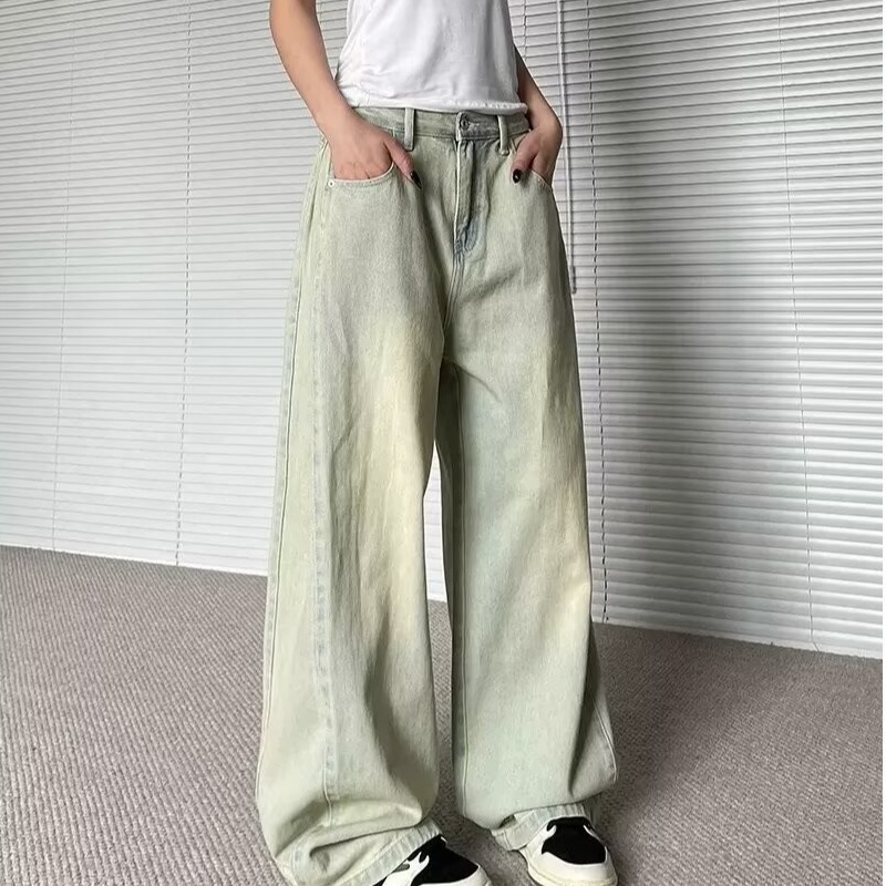 Vintage Hong Kong Style Washed Light Color Jeans Wide Leg Pants Women's Summer New Arrival Loose High Waist Slimming Trousers Trousers