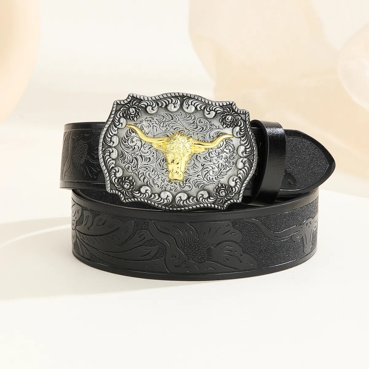 New Western denim belt alloy ancient silver bull head belt personality belt