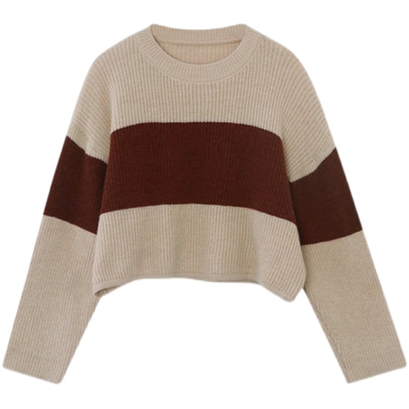 Short striped sweater for women 2023 Autumn New retro lazy loose outer wear autumn and winter long sleeve sweater top