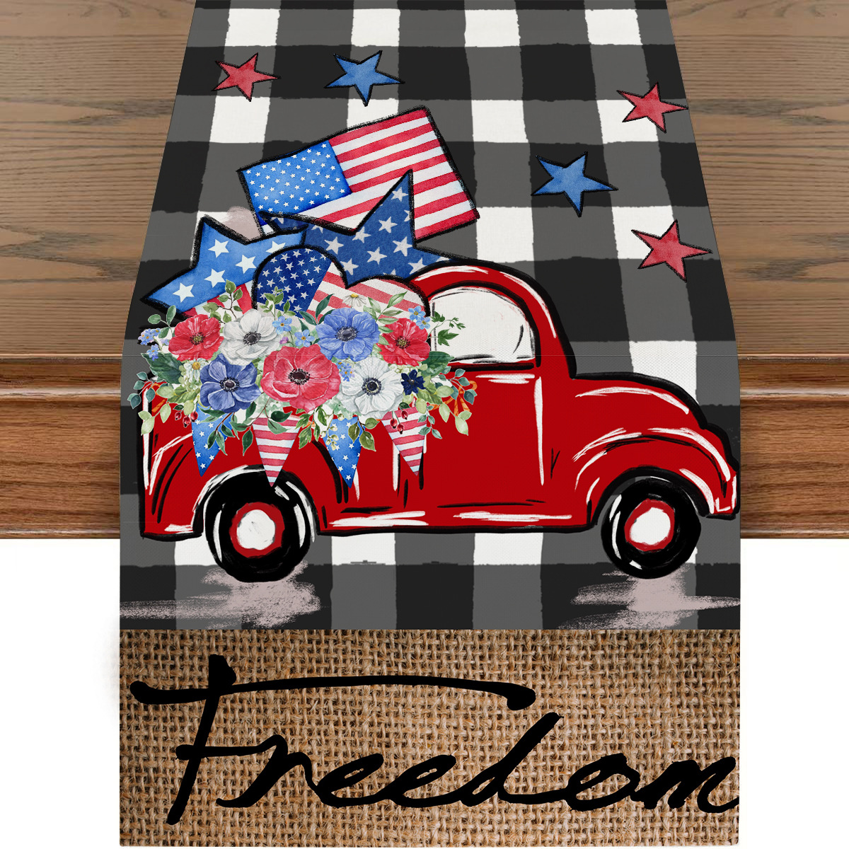 Picture of Explosions US Independence Day Decorative Table Runner Linen Star-stripe Printed Tablecloth Patriot Holiday Atmosphere Table Runner