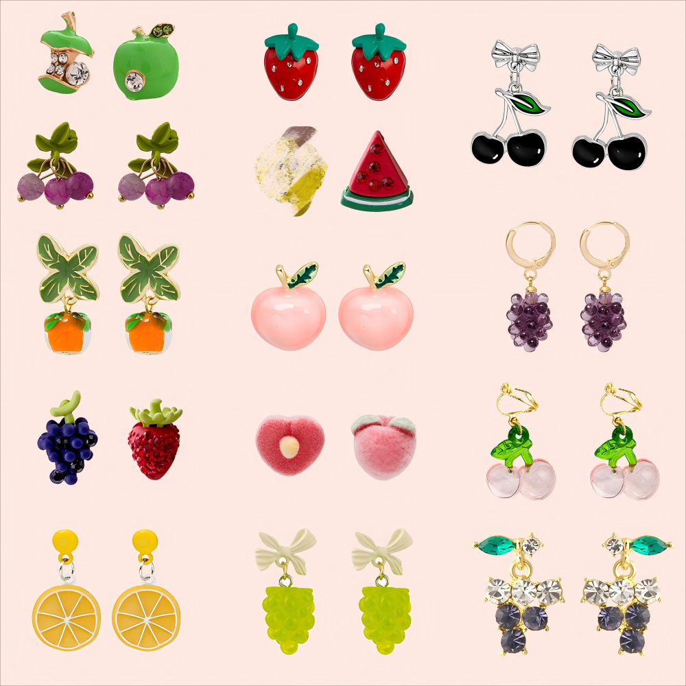 Silver Needle Cute Fruit Earrings Collection Sweet Girly Ear Clip Smiling Strawberry Diamond Earrings Women