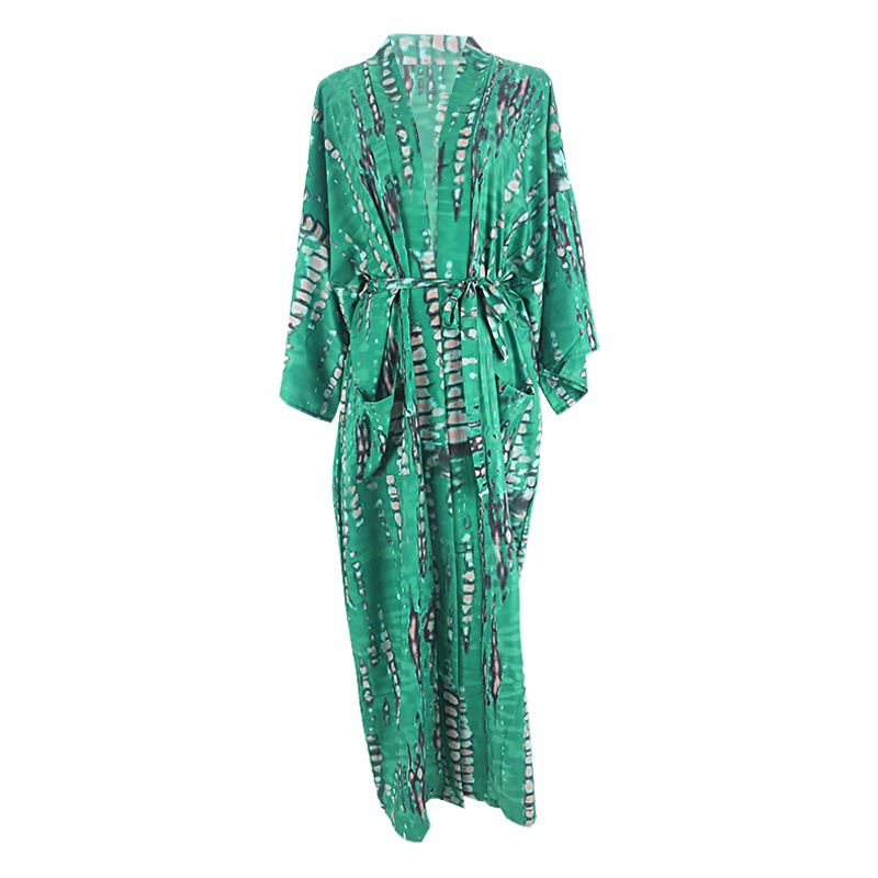 New European and American Lace-up Printed Cardigan Beach Skirt Bikini Blouse Swimwear Outer Cardigan Sun Protection Vacation Dress