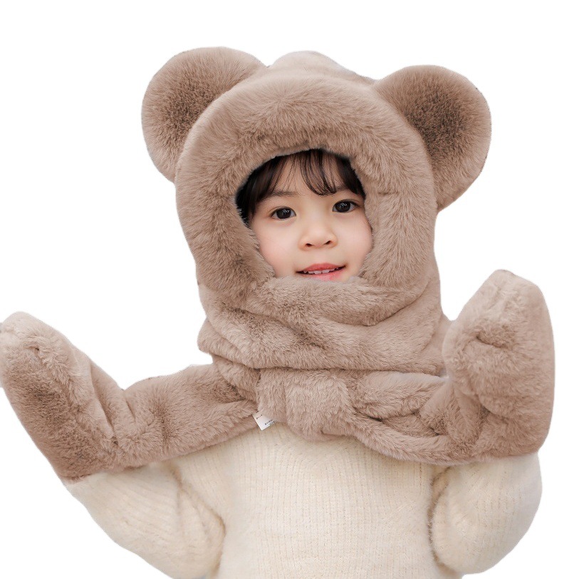 Children's hat winter boys and girls fleece-lined bear cute ear cap scarf gloves one-piece thick warm three-piece set