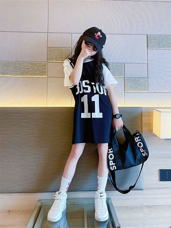 Girls Short-Sleeved T-Shirt Dress 2025 New Kidsren's Summer Mid-Length Style Internet Celebrity Big Kidsren's Street Summer Uniform