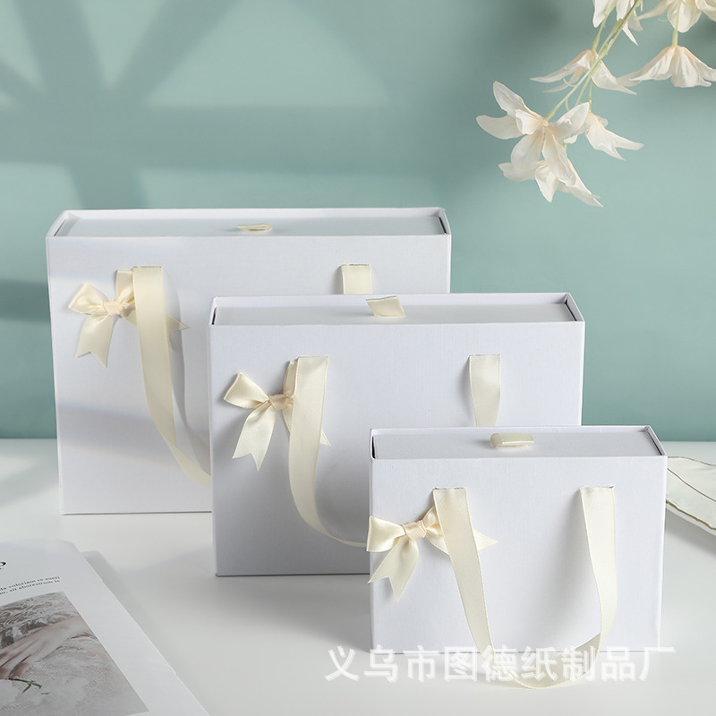 Custom White Portable Skin Care Packaging Box Custom LOGO Large Rectangular Drawer Box Bow Gift Box
