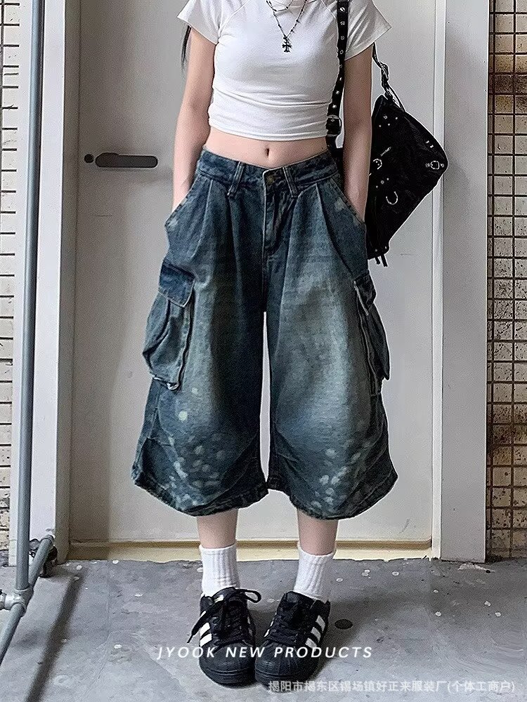 American Retro Large Size Washed Splash Ink Multi-Pocket Cargo Jeans Unisex Straight Loose Wide-Leg Cropped Pants
