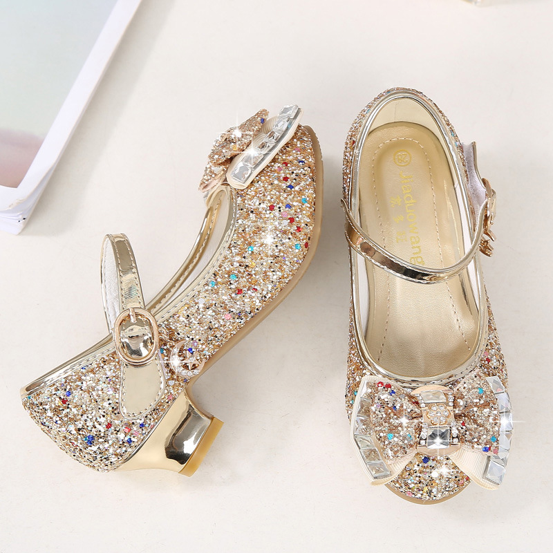 Picture of 2025 Autumn New Girls' Small High Heel Leather Shoes Sequin Upper Bow Decoration Children's Dance Shoes