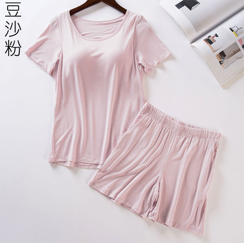 Picture of Modal Women's Padded Short-Sleeved Pajamas Set Bra-T All-In-One Bra-Free Half-Sleeved Loose Shorts Home Clothes
