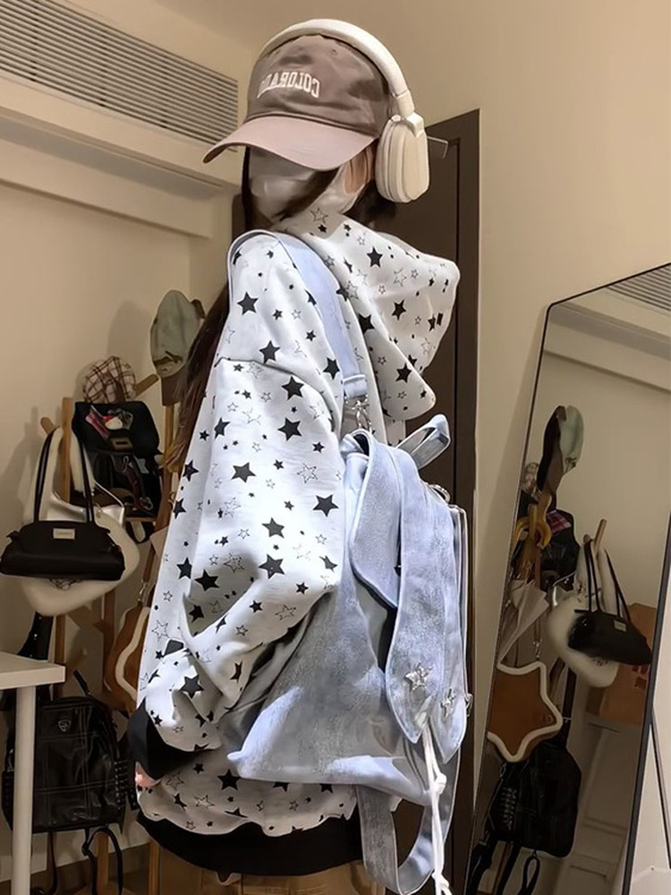 American retro spring and autumn women's star sweatshirt jacket is loose and slim, cute and versatile casual hooded top