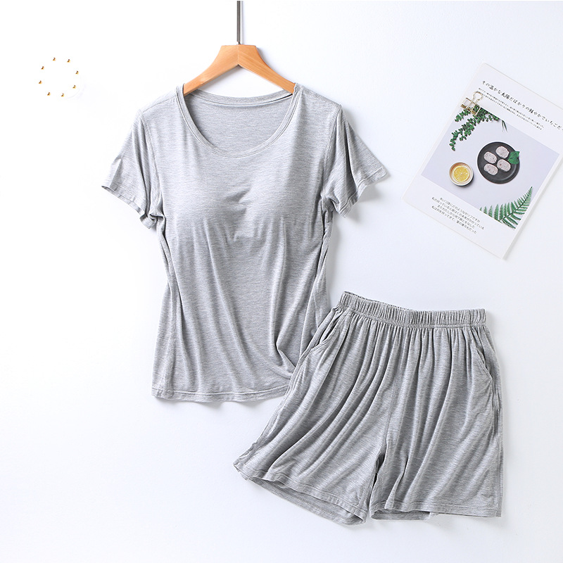 Picture of Modal Women's Suit Cup One-piece Short-sleeved Shorts Pocket-free Slimming Home Pajamas Suit Large Size Women