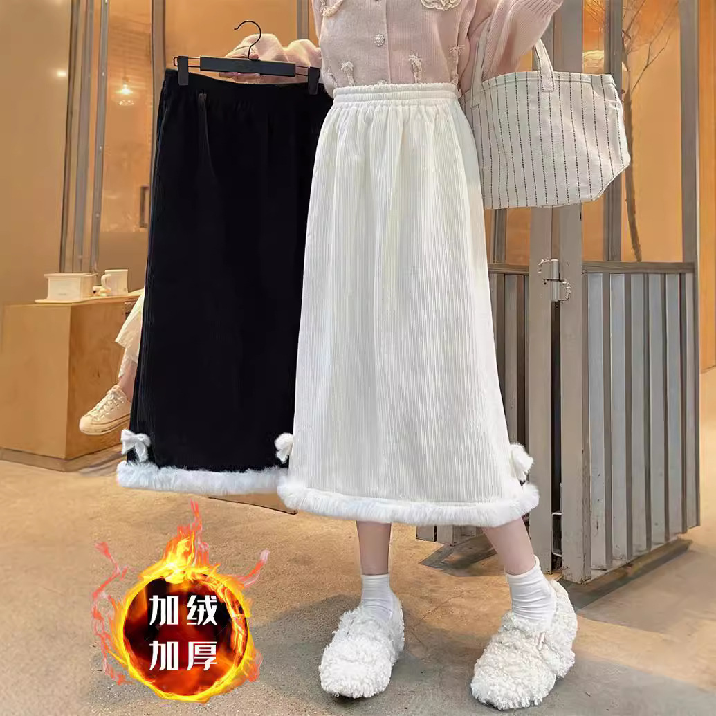 Autumn and winter corduroy fleece-lined padded plush fur long A- line skirt women's 2024 new overskirt