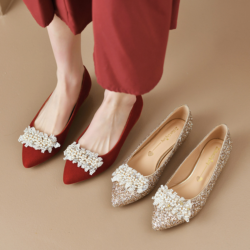 A 1004-1-2 Wedding Shoes Women's Red Xiuhe Shoes Thick Heel Sequin Dress Shoes Banquet Shoes Wide Fat Feet plus size Women's Shoes