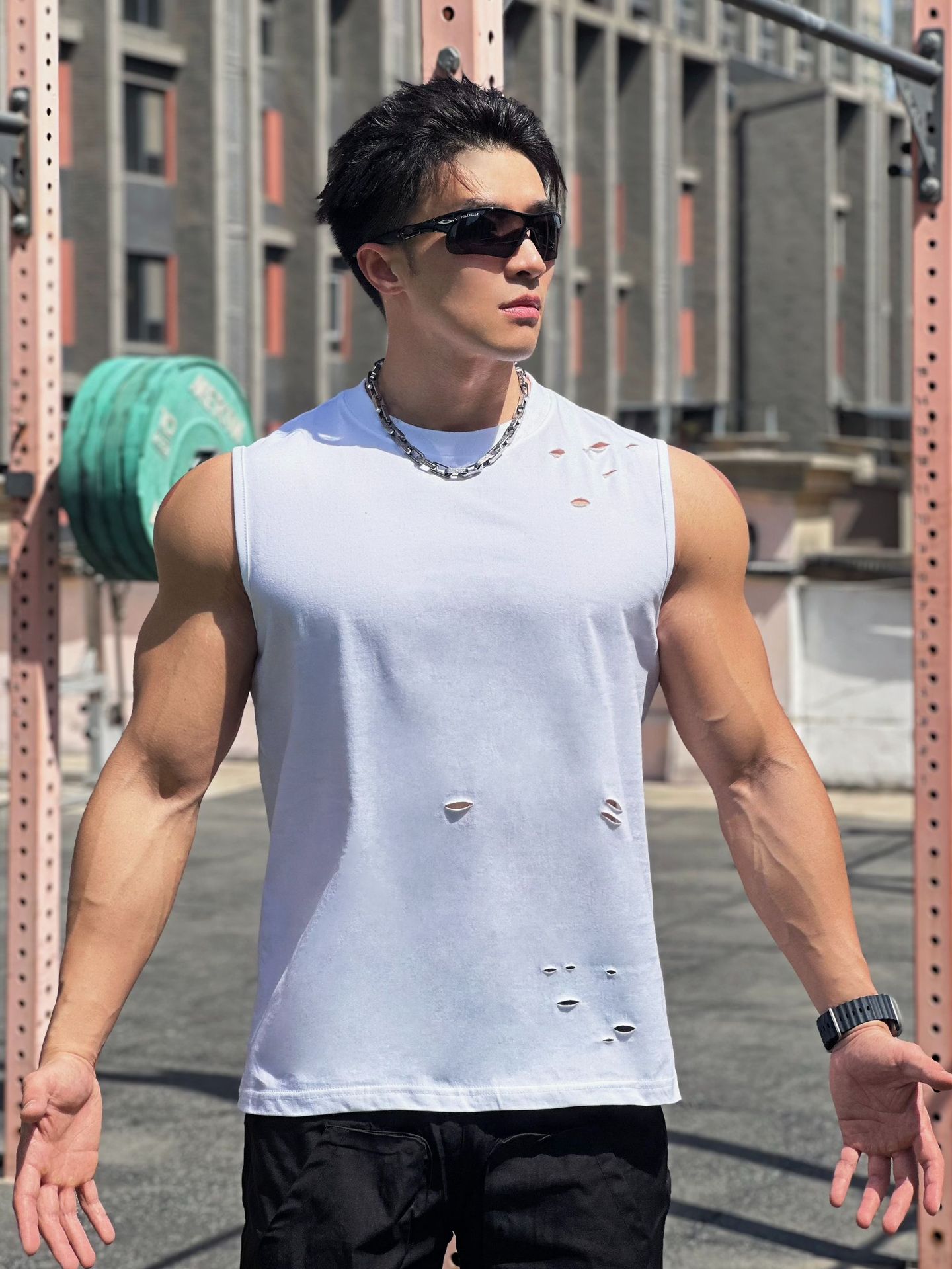 Muscle Fitness Brothers Summer New Wide Shoulder Vest Men's Top Running Casual Sports Ripped Sleeveless Cotton