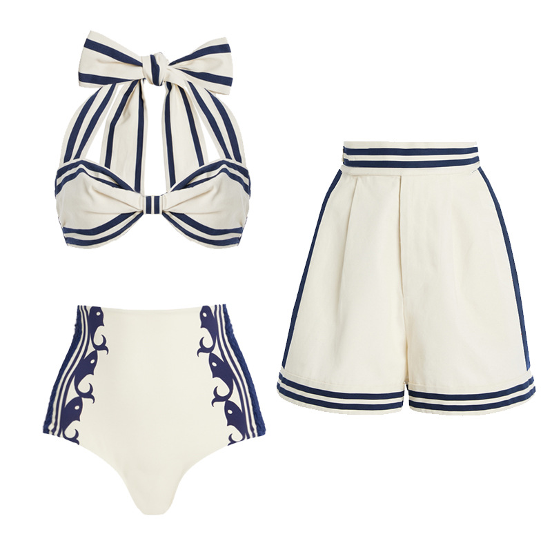 2025 Europe and the United States new navy style striped printed neck one-piece split swimsuit shorts suit women's cross-border explosions