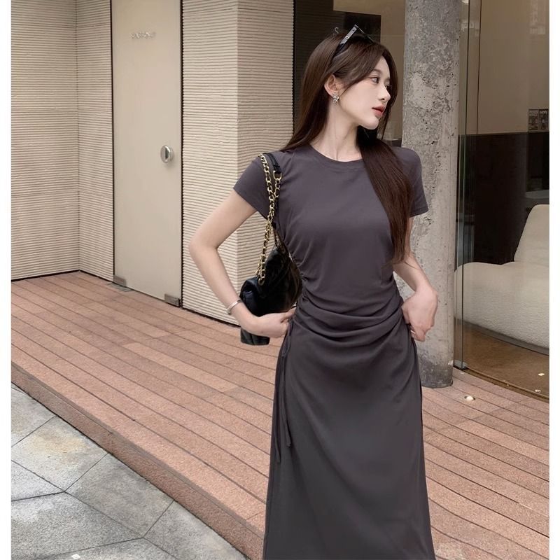 2025 New Summer Style Belly-Covering Design Waist Drawstring Elastic Knitted Elegant Waist Slimming Short-Sleeved Dress