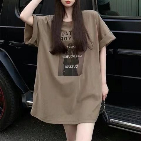 Mid-length T-shirt Women's 2023 Summer Letter Short-sleeved Ins Trendy Inner Base Shirt Trendy Outer Wear Loose Half-sleeved Top