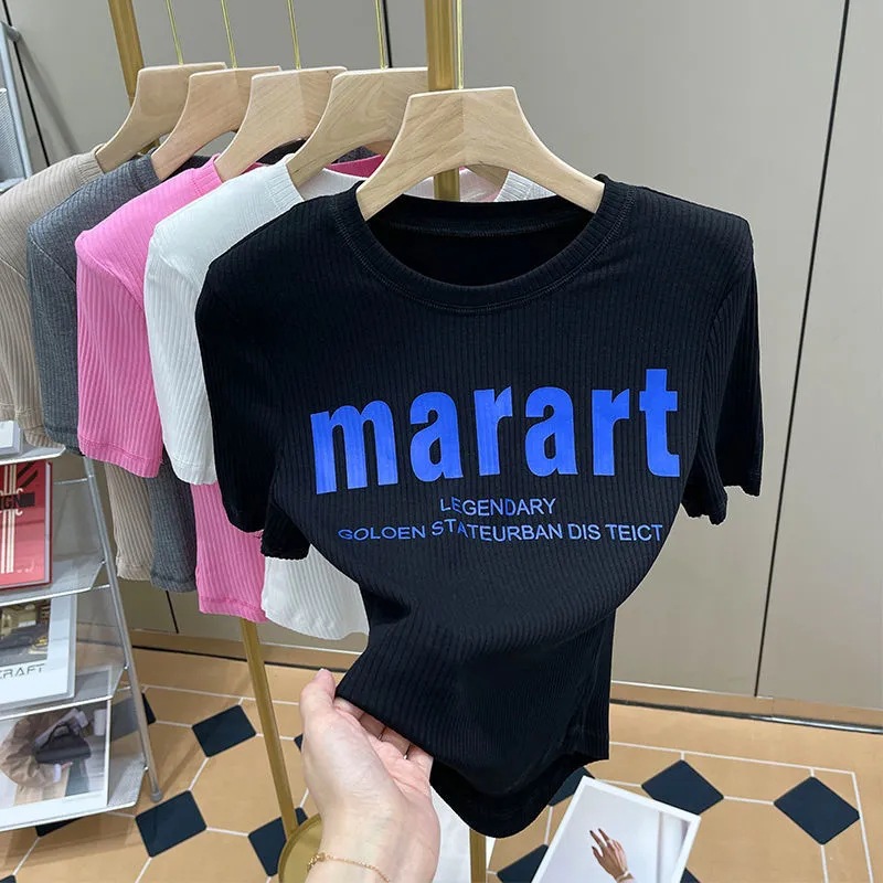 Sweet Spice Girl High Waist Short Sweet Vessel Style Top Letter Shoulder T-Shirt All-match Short-sleeved Women's Design Sense 2024 Summer