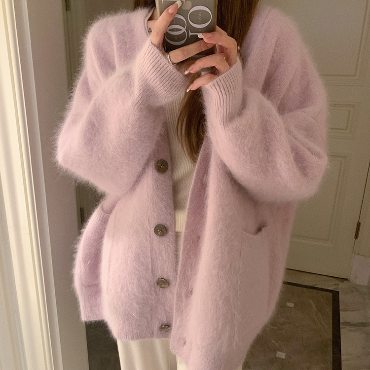 Pink V-neck mink velvet sweater coat for women autumn and winter gentle lazy mid-length outer milk fufu knitted cardigan